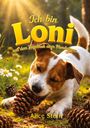 Der Text „Ich bin Loni, aus dem Tagebuch einer Hundedame“ steht im Vordergrund. Ein Hund knabbert an einem Tannenzapfen.