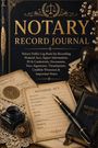 "NOTARY RECORD JOURNAL" in Gold auf dunkelblauem Hintergrund, mit Waage-Illustration und Notariatsutensilien.