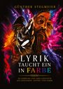 "Lyrik taucht ein in Farbe" in Weiß. Eine bunte Illustration mit einem Gesicht und einem Raben im Farbnebel.