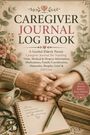"Caregiver Journal Log Book" mit Untertitel über Pflege. Eine Tasse, zwei haltende Hände und Buchstapel im Hintergrund.