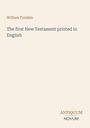 Texte: "William Tyndale", "The first New Testament printed in English", "ANTIQUM NOVUM". Schlichte, minimalistische Gestaltung.