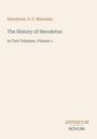 Titel: "The History of Herodotus" von Herodotus, G. C. Macaulay. "ANTIQVUM NOVUM"-Logo. Minimalistisches Design.