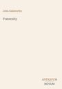 Text: "John Galsworthy", "Fraternity", "ANTIQUM NOVUM". Beige Hintergrund, minimalistisches Design.