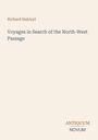 "Richard Hakluyt", "Voyages in Search of the North-West Passage". Unten steht "ANTIQUM NOVUM" in Braun und Grau. Cremefarbener Hintergrund.