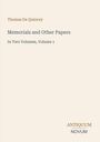 Einfaches Buchcover: "Thomas De Quincey, Memorials and Other Papers, In Two Volumes, Volume 1". Unten steht "ANTIQUM NOVUM".