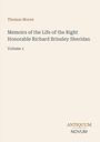 "Thomas Moore: Memoirs of Richard Brinsley Sheridan, Volume 1." Beige Hintergrund, brauner und grauer Text. Unten rechts Logo.