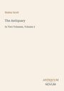 "Text: 'Walter Scott, The Antiquary, In Two Volumes, Volume 2'. Unten steht das Logo 'ANTIQUM NOVUM'. Beige Hintergrund."