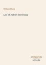 Text "William Sharp", "Life of Robert Browning", "ANTIQUM NOVUM" auf beigem Hintergrund. Minimalistisches Design.