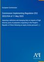 Text über EU-Verordnung, Anti-Dumping-Zoll auf Polyester-Importe aus China. Blaues Layout mit gelbem Rand.