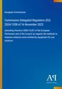 Text: Europäische Kommission, Titel einer EU-Verordnung von 2023. Weißer Text auf blauem Hintergrund mit farbigen Ecken.