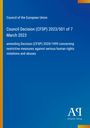 "Council Decision (CFSP) 2023/501 of 7 March 2023" steht groß auf blauem Hintergrund, mit europäischem Titel darüber.