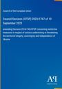 Council Decision (CFSP) 2023/1767, 13 September 2023; Änderung bestehender Sanktionsmaßnahmen; blaues Layout, Logo unten rechts.