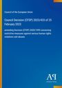Council Decision (CFSP) 2023/433 vom 25. Februar 2023. Blauer Hintergrund, schlichtes Design.