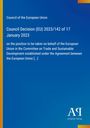 Text: Entscheidung des Rates (EU) 2023/142 vom 17. Januar 2023 zur EU-Position im Ausschuss für Handel und nachhaltige Entwicklung. Unten rechts Logo. Hintergrund blau mit regenbogenfarbenem Streifen am Rand.
