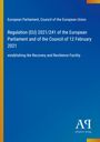 Regulation (EU) 2021/241, Recovery and Resilience Facility, blauer Hintergrund, vertikaler gelber Streifen links.