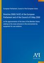 Europäische Union, Richtlinie 2000/14/EG, Lärmemissionen im Freien. Blau mit gelben Streifen links, Logo unten rechts.