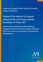 Entscheidung der EU-Behörde für Parteien am 18. Mai 2021. Blauer Hintergrund, Logo "AP Antiphon Verlag".