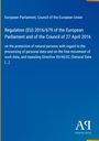 Regulation (EU) 2016/679, Datenschutz, blaues Design, weißer Text, Logo unten rechts.