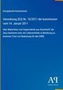Europäische Kommission: Verordnung (EU) Nr. 10/2011, Materialien für Lebensmittelkontakt. Blauer Hintergrund. Logo unten.