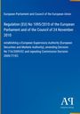 Text zur EU-Verordnung Nr. 1095/2010 über die Gründung der ESMA auf blauem Hintergrund, Logo unten rechts.