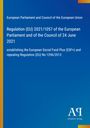 Text: Regulation (EU) 2021/1057 über den Europäischen Sozialfonds Plus. Blau-gelb gestreifter Hintergrund. Logo rechts unten.