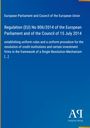 Text über Regelung (EU) Nr. 806/2014 zur einheitlichen Abwicklung von Kreditinstituten. Blauer Hintergrund, Logo unten.