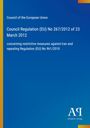Council Regulation (EU) No 267/2012 about measures against Iran, blauer Hintergrund, farbige Ränder, Antiphon Verlag Logo.