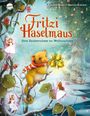 "Fritzi Haselmaus: Drei Zaubernüsse zu Weihnachten." Eine Illustration zeigt eine gelbe Maus mit Schal auf einem Zweig.