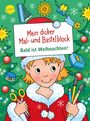 „Mein dicker Mal- und Bastelblock. Bald ist Weihnachten!“ Ein lächelnder Elf in roter Kleidung, grüne Tannen, bunte Dekorationen.