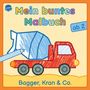 "Mein buntes Malbuch, ab 2, Bagger, Kran & Co." zeigt ein gezeichnetes rotes Fahrzeug mit blauem Anhänger und Buntstift.