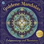 „Goldene Mandalas“, „Entspannung und Harmonie“, „Mit edlen goldenen Mandalas“. Ornamentales Muster in Blau und Gold.