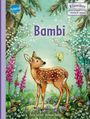 Text: „Bambi“, „Klassiker einfach lesen“, „Felix Salten · Stefanie Dahle“. Illustration: Ein Rehkitz im bunten Wald.
