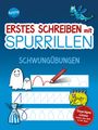 „Erstes Schreiben mit Spurrillen: Schwungübungen“. Illustration mit Geistern, Drachen und Übungsblättern.