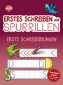 Texte: "ERSTES SCHREIBEN mit SPURRILLEN", "ERSTE SCHREIBÜBUNGEN", "Geprägte Linien halten den Stift in der Spur". Illustrationen: Drache, Krokodil, Bleistift.