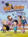 "Karichen und die Furchtlose Hand. Eine Bande hat Zoff." Illustration: Kinder sitzen auf einer Bank. Ein Huhn trägt eine Socke.