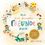 "Mein ganz besonderes Freunde-Album." Bunte Illustration mit Kindern, Tieren, Astronaut und Rakete. Fröhliche Szenen.