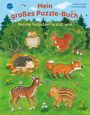 „Mein großes Puzzle-Buch. Meine liebsten Waldtiere.“ Illustrationen von Tieren im Wald: Eule, Eichhörnchen, Igel, Fuchs, Reh, Wildschwein.