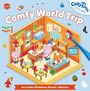 "Comfy World Trip" und "Set mit über 150 Stickern, Pinzette + Malseiten" sind die Haupttexte. Eine süße Cafészene mit Tierfiguren.