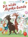 „Die wilde Alpaka-Bande. Feiern bis die Wolle qualmt!“ Drei Alpakas und ein Kind tanzen fröhlich auf einer Partywiese.
