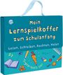 „Mein Lernspielkoffer zum Schulanfang. Lesen, Schreiben, Rechnen, Malen.“ Bunte Illustrationen von Schulutensilien.