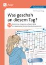 Titel: "Was geschah an diesem Tag?". Frau mit Handy scannt QR-Code vor Kalender. Text über historische Ereignisse.