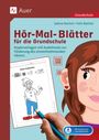 „Hör-Mal-Blätter für die Grundschule“. Illustration: Kind malt Clown, QR-Code im Ohr, Download-Hinweis.