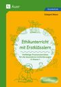 "Ethikunterricht mit Erstklässlern", Illustration von Kindern und Tieren, grün- und orangefarbige Gestaltung, Auer Logo.