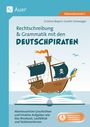 "Rechtschreibung & Grammatik mit den Deutschpiraten" und ein Piratenschiff mit Papagei, Segel mit Totenkopf.