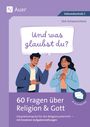 Titel: "60 Fragen über Religion & Gott". Zwei Personen diskutieren in einer Illustration auf einem lilafarbenen Hintergrund.