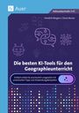 Titel: "Die besten KI-Tools für den Geographieunterricht". Bunte Symbole illustrieren Technologie und Bildung.