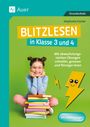 Text: Blitzlesen in Klasse 3 und 4. Mädchen mit Brille sitzt lächelnd, bunte Bücher davor, fröhlicher Blitz links daneben.