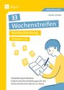 Text: "33 Wochenstreifen Rechtschreibung Klassen 5/6." Illustration: Person schreibt, umgeben von Wochentagen.