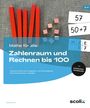 "Zahlenraum und Rechnen bis 100" auf blauem Hintergrund. Rote Stäbe und Würfel links, schwarze und blaue Schrift.