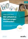 "50 effektive Sicherungsmethoden", Illustration: Person zeigt auf Checkliste und trifft Zielscheibe. Schloss im Hintergrund.